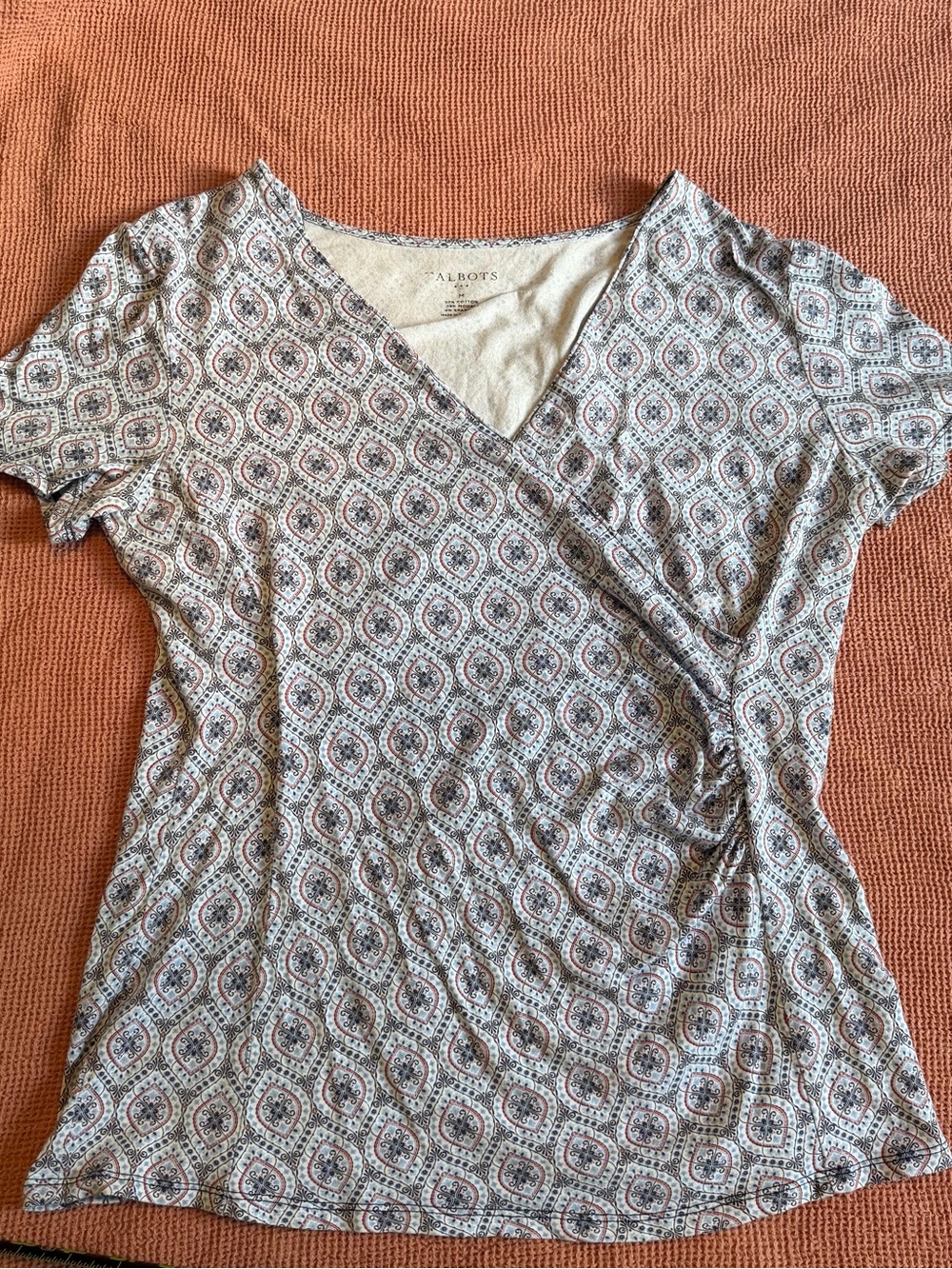 Talbots Blure and Red Patterned Wrap-Style Short Sleeve Top